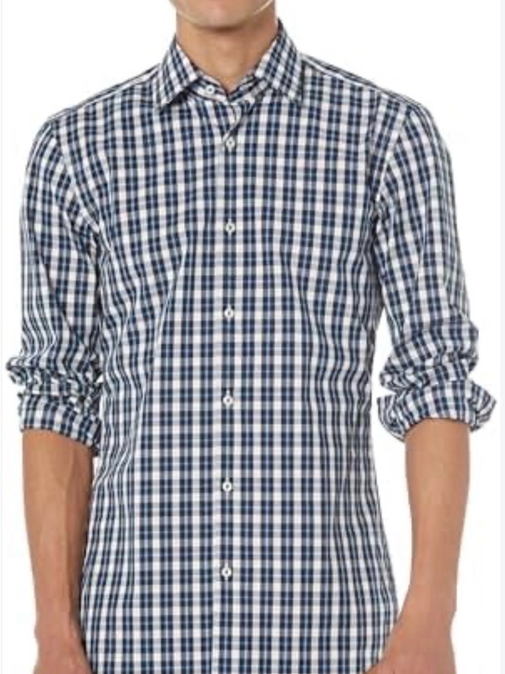 Hugo Boss Navy and White Checked Button-Down Shirt